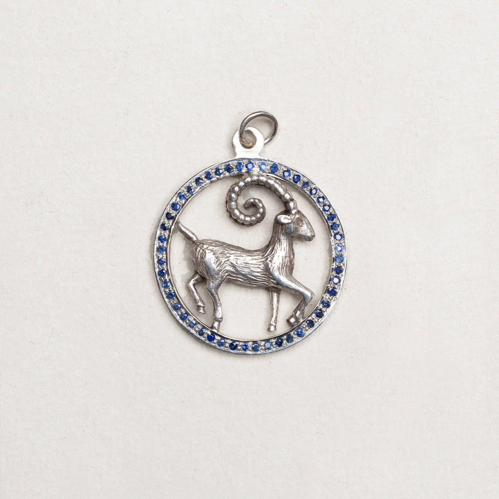 Vintage Silver Aries Pendant Charm with Sapphires