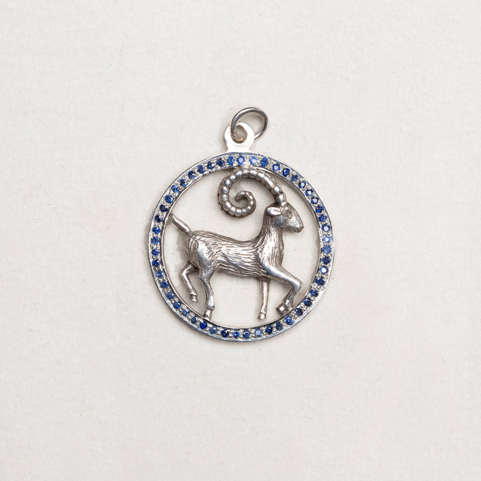 Vintage Silver Aries Pendant Charm with Sapphires