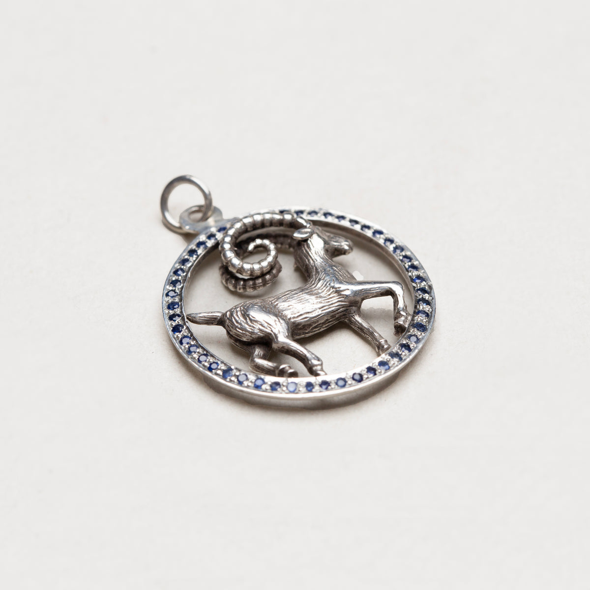 Vintage Silver Aries Pendant Charm with Sapphires