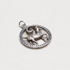 Vintage Silver Aries Pendant Charm with Sapphires
