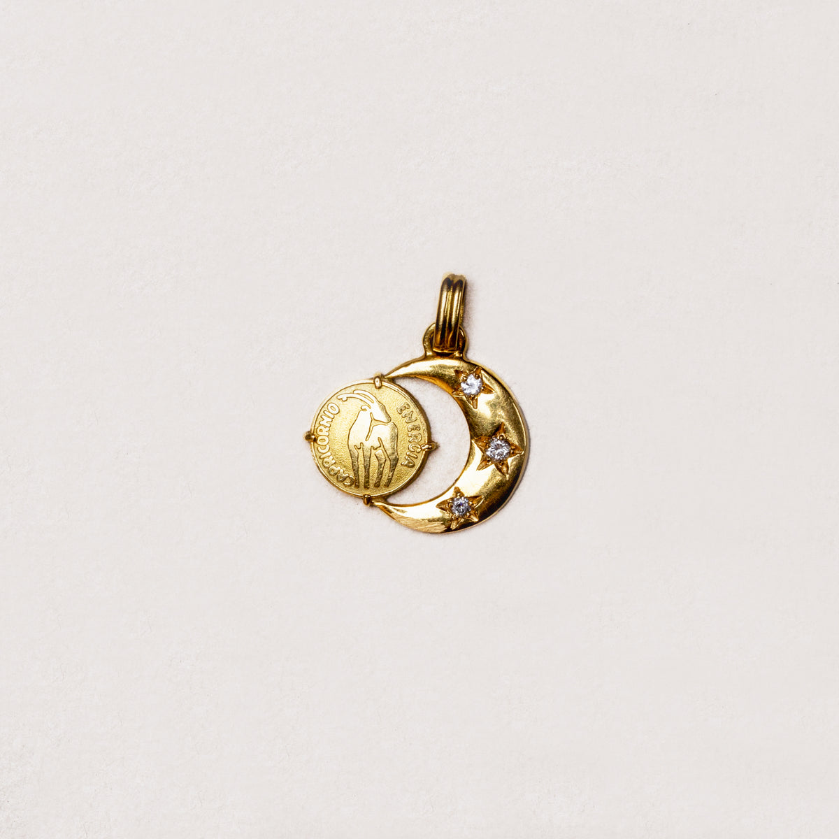 Vintage 18ct Gold Capricorn & Diamond Crescent Moon Pendant Charm