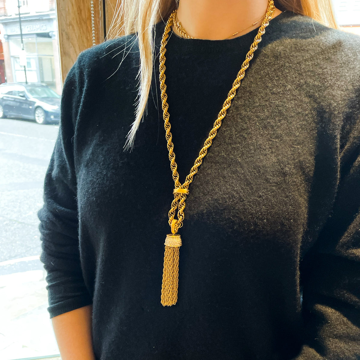 Vintage Gold-tone Diamante Tassel Necklace