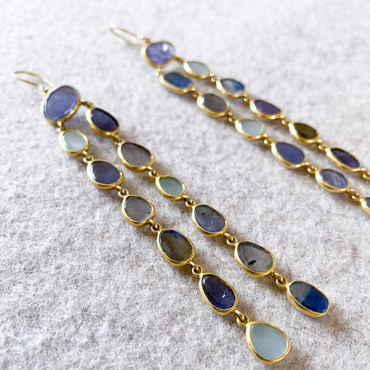 Tanzanite, Aquamarine and Labradorite Long Drop Earrings