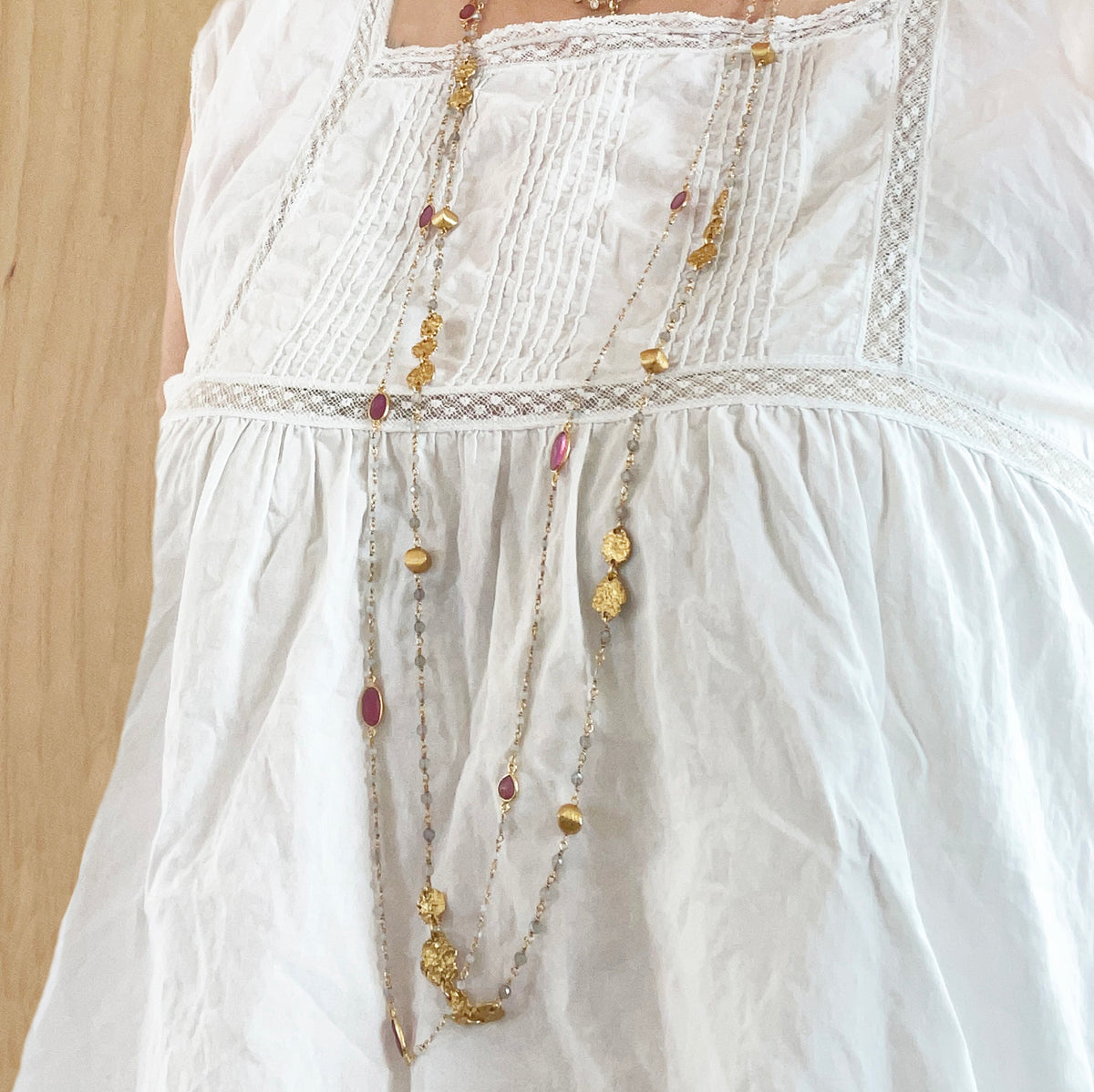 Long Chain Necklace with Beads and Gold Nuggets