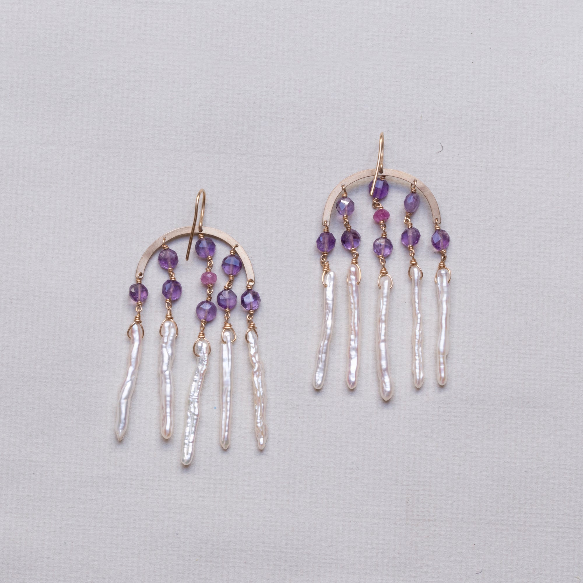 Amethyst and Pink Sapphire Drop Earrings with Stick Pearls