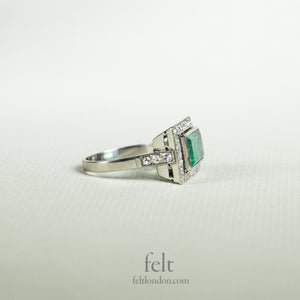 Platinum, Diamond and Emerald Rectangular Antique Ring.