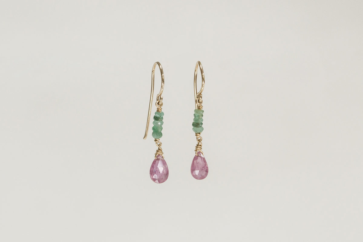 these emerald and pink sapphire drop earrings are handmade by Claire herself and available at feltlondon.com