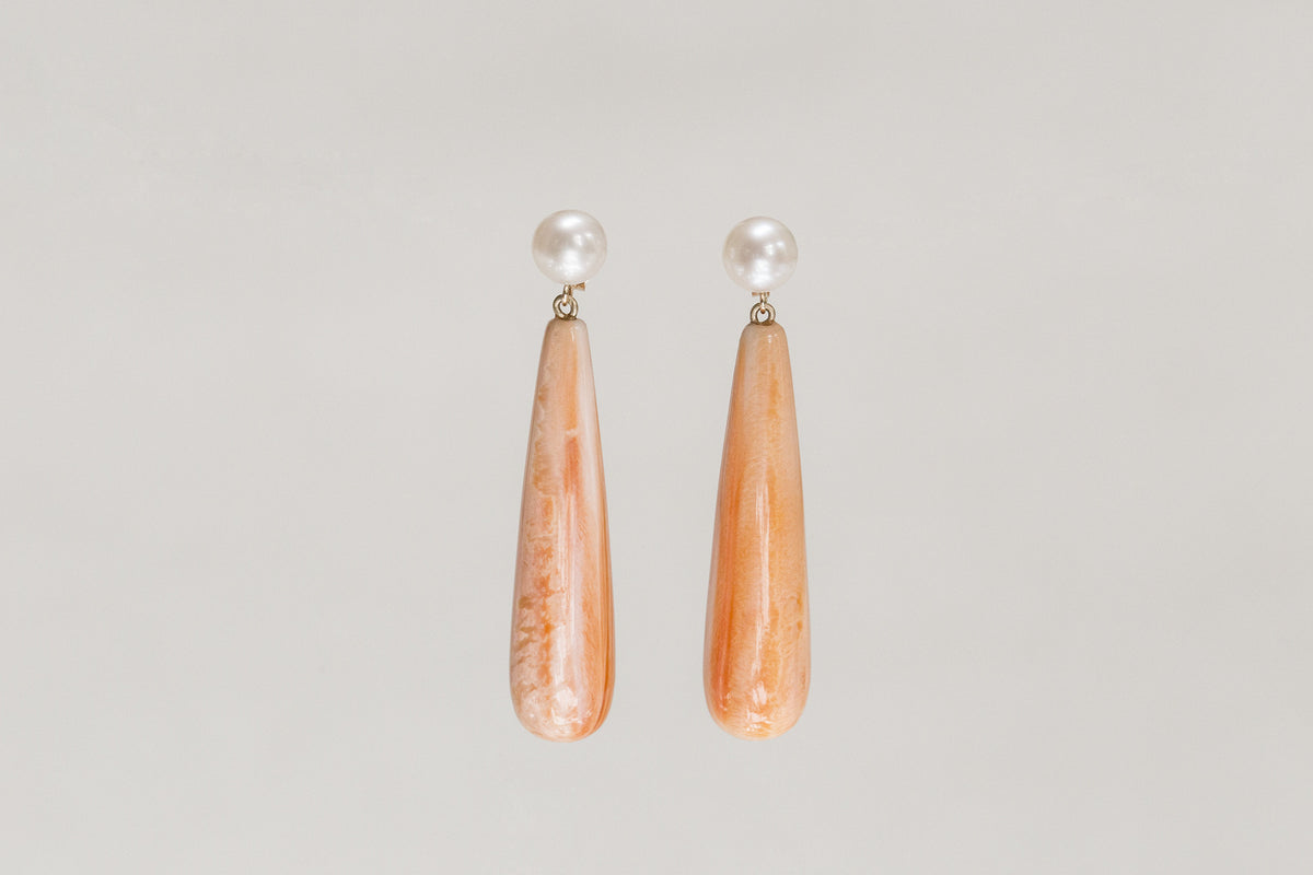 art deco inspired orange shell and freshwater pearl drop earrings