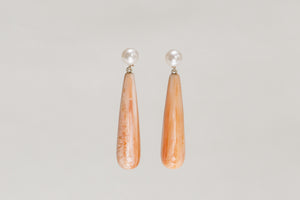 art deco inspired orange shell and freshwater pearl drop earrings