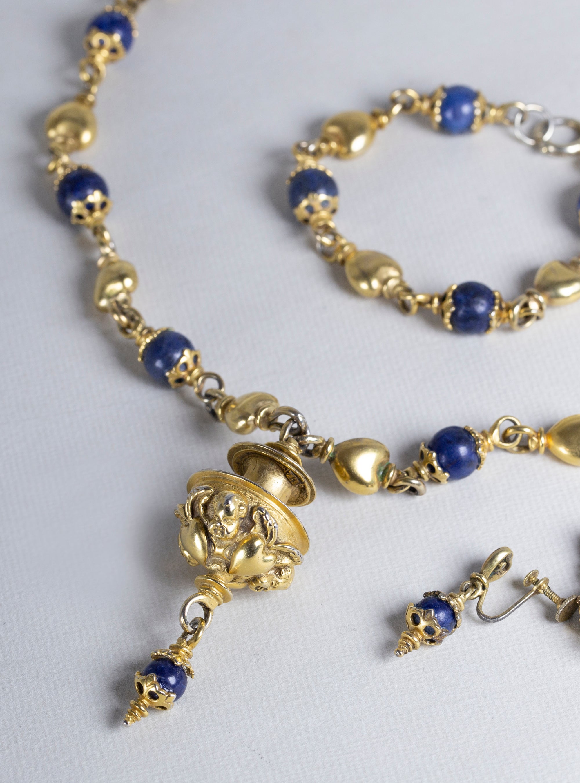 Complete Set of Vintage Costume Gold Necklace, Bracelet and Earrings with Lapis