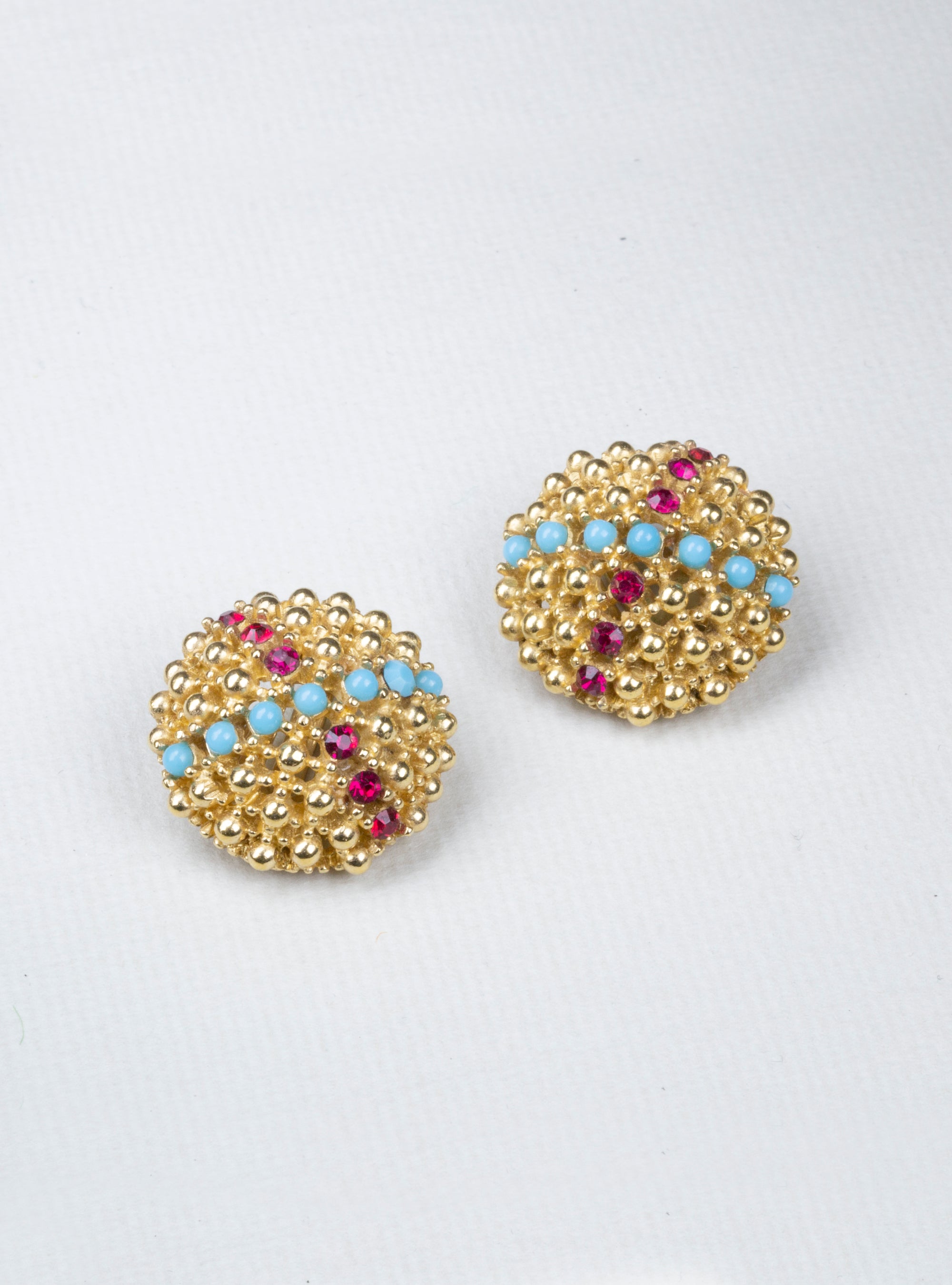 Vintage Gold Clip-on Earrings with Red Rhinestones and Blue Beads