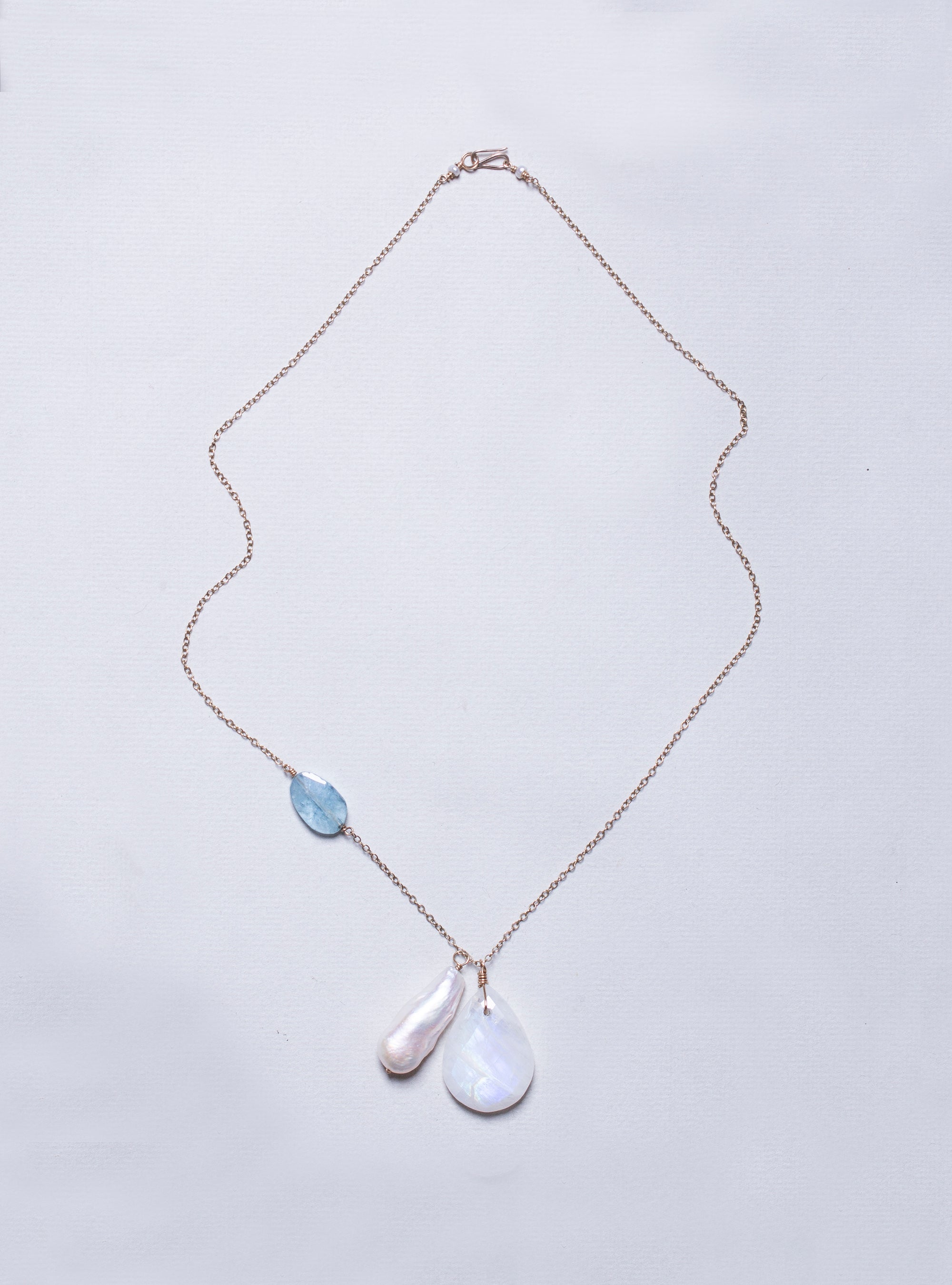 Gold Chain Necklace with Moonstone, Baroque Long Pearl and Aquamarine