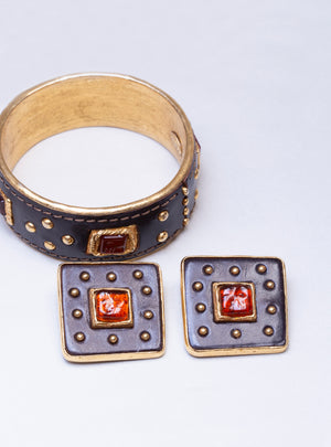 Set of Vintage Leather and Gold Cuff Bracelet and Earrings