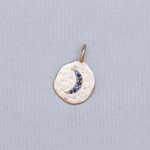 18ct Textured Gold Moon Crescent Charm with Blue Sapphire