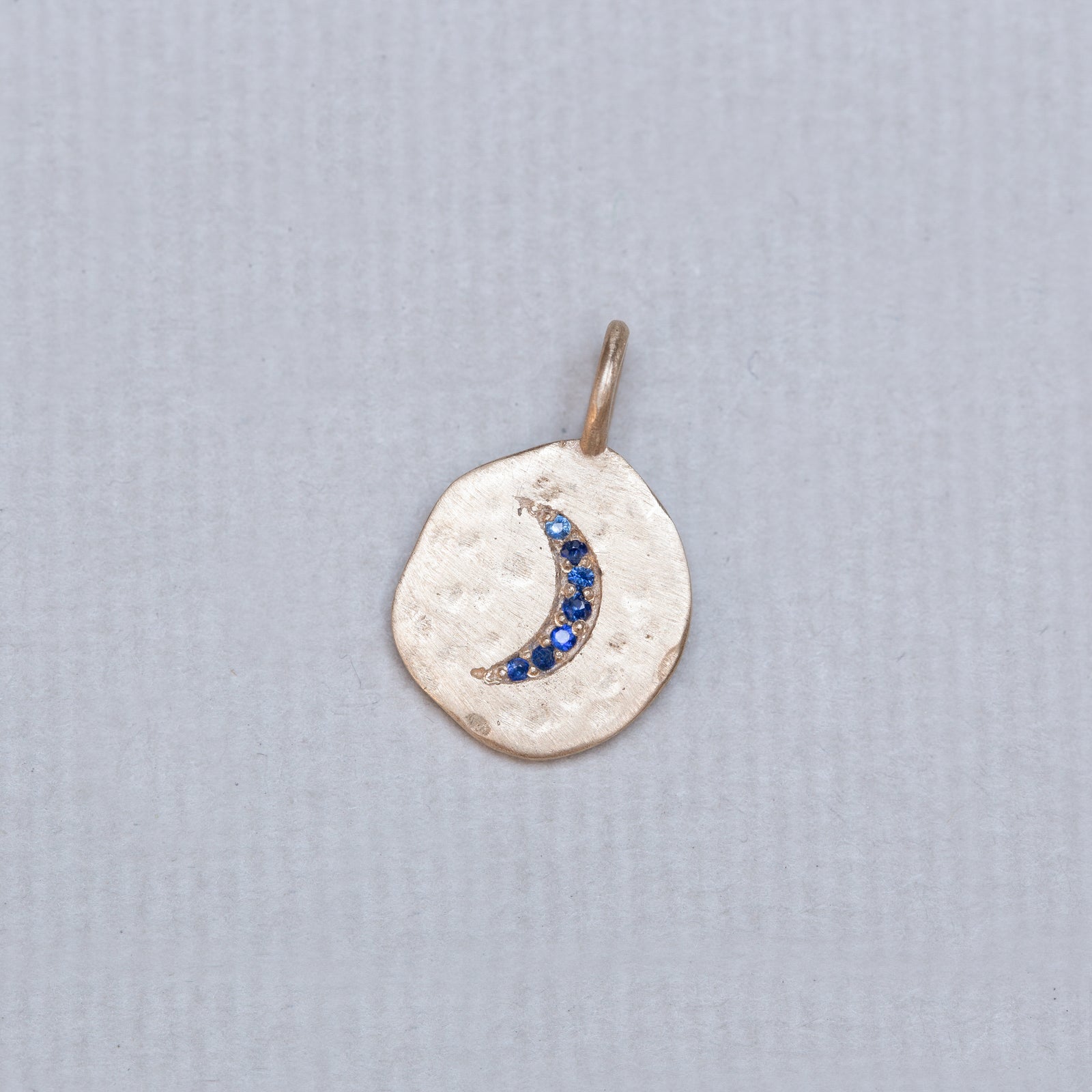 18ct Textured Gold Moon Crescent Charm with Blue Sapphire