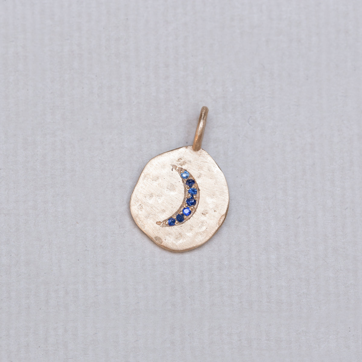 18ct Textured Gold Moon Crescent Charm with Blue Sapphire