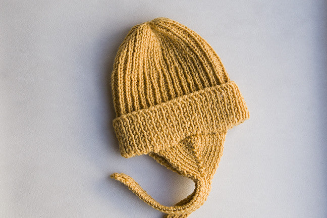 felt Hand Knitted 100% Merino Wool Mulberry Bonnet in Mustard Yellow Portrait