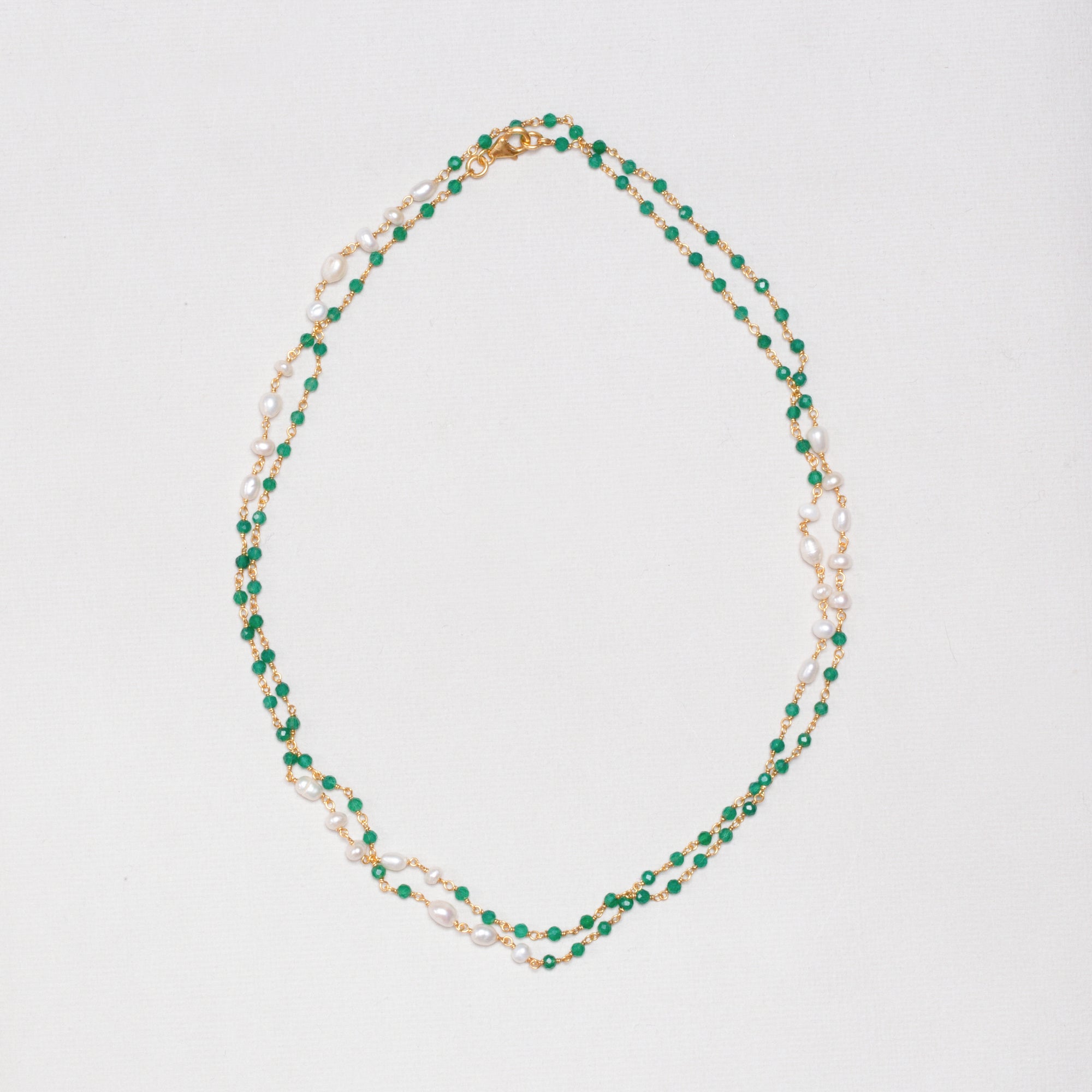 Extra Long Gold Chain Necklace with Pearl and Green Onyx