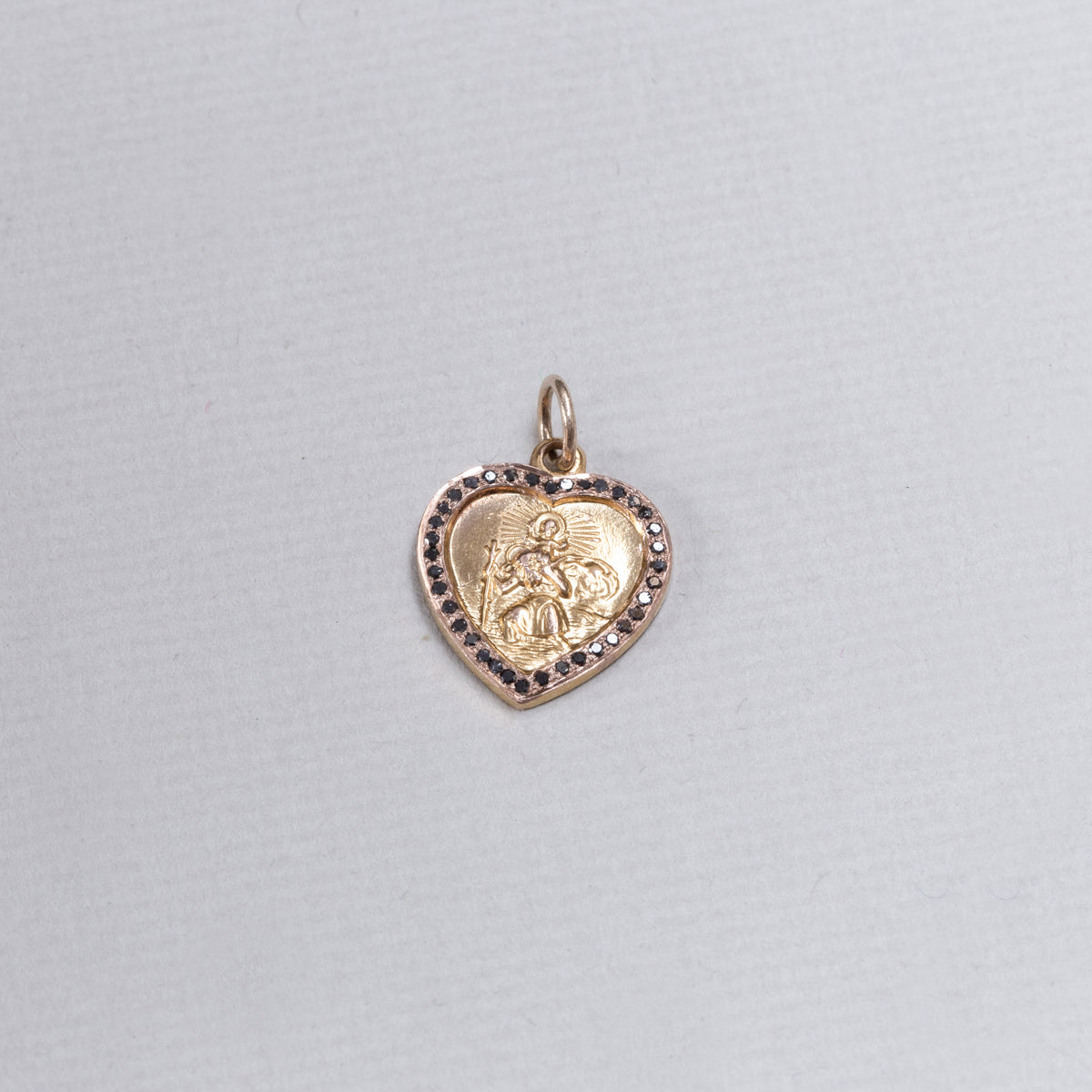 Gold Heart St. Christopher Charm Pendant with Black Diamond