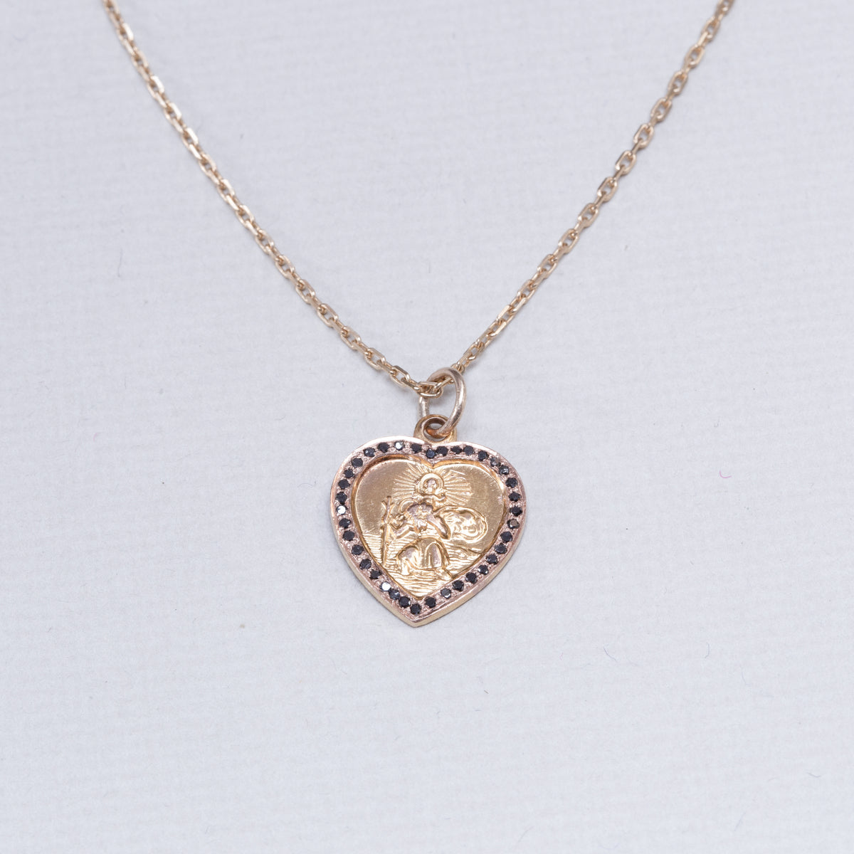 Gold Heart St. Christopher Charm Pendant with Black Diamond