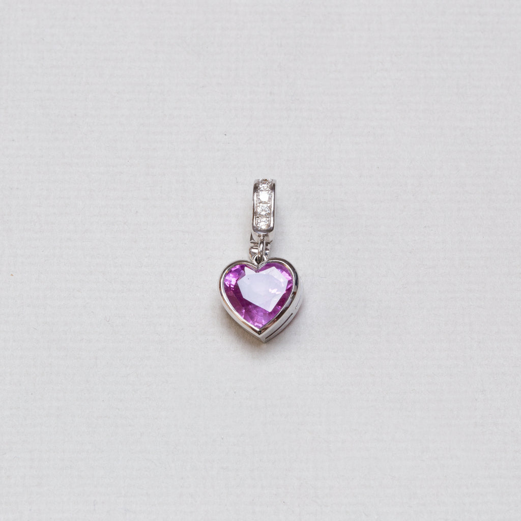 18ct White Gold Heart Charm with Diamonds and Pink Tourmaline