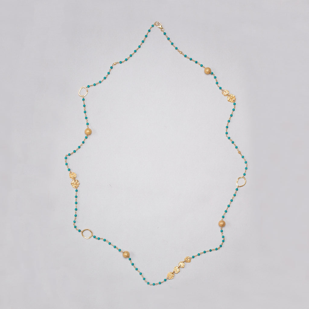 Long Gold Chain Necklace with Green Turquoise Beads