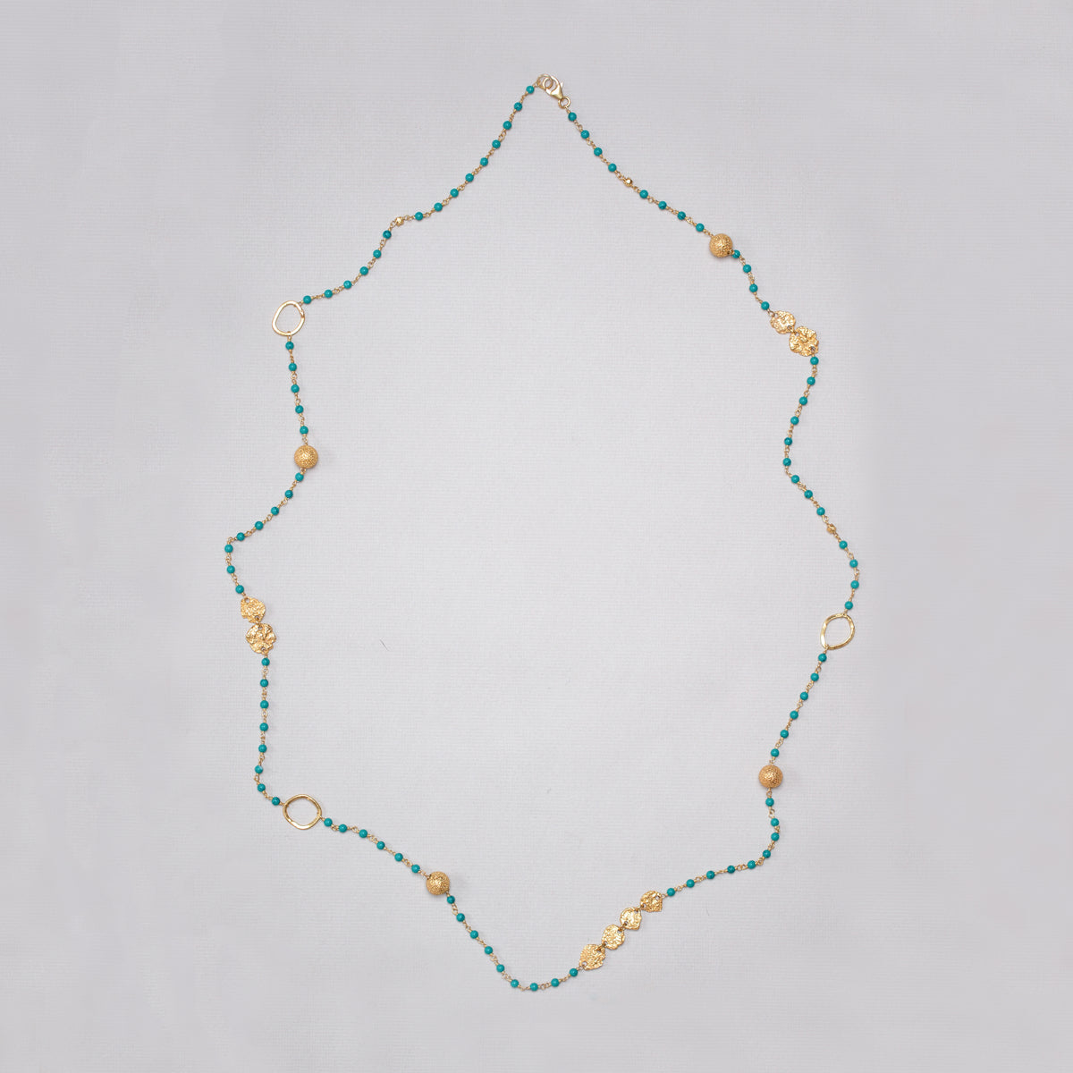 Long Gold Chain Necklace with Green Turquoise Beads
