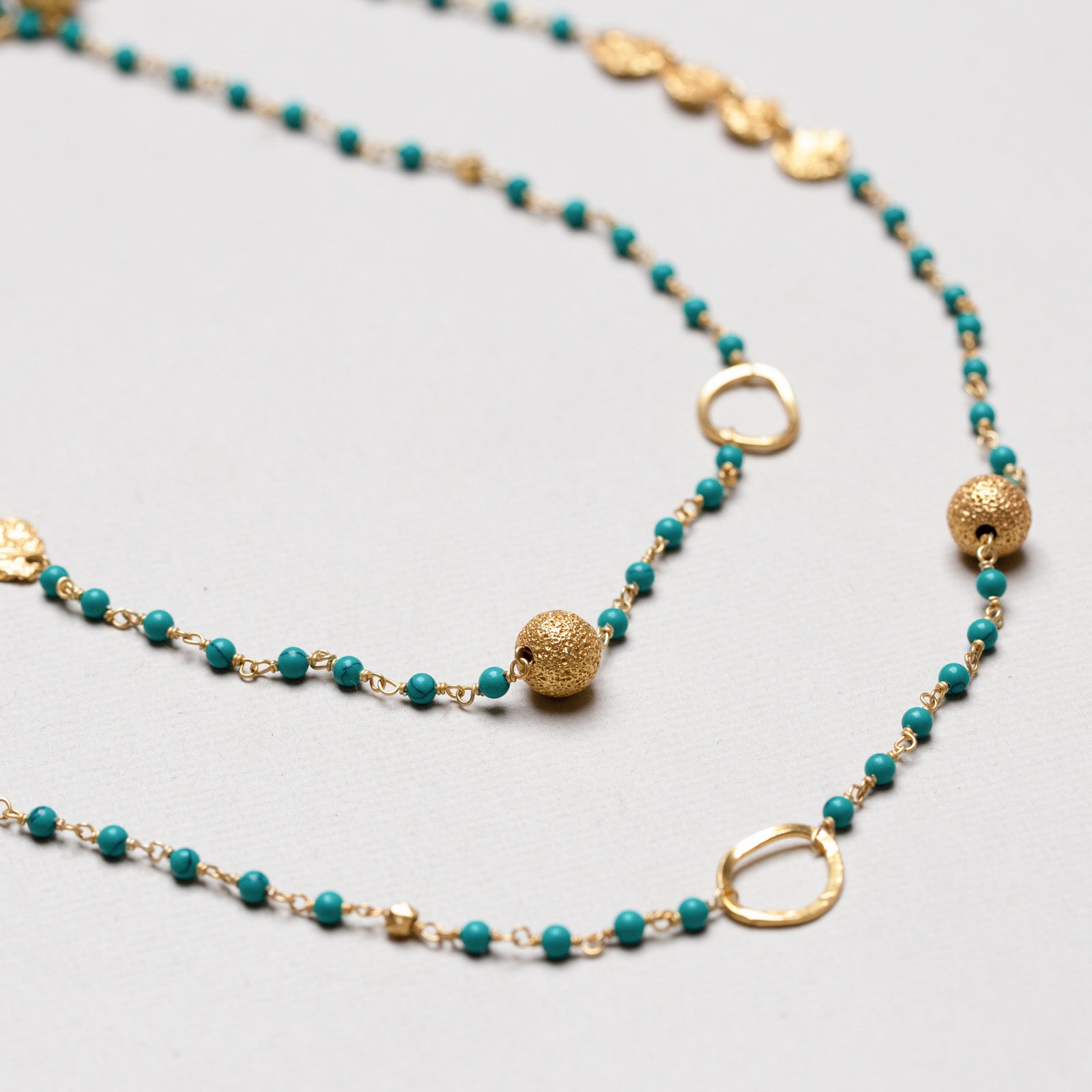 Long Gold Chain Necklace with Green Turquoise Beads