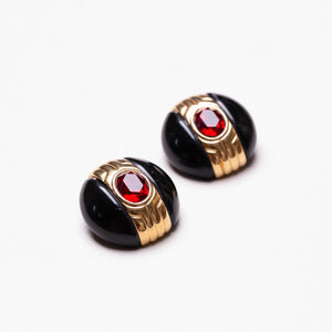 Vintage Black Enamel and Red Stone Earrings