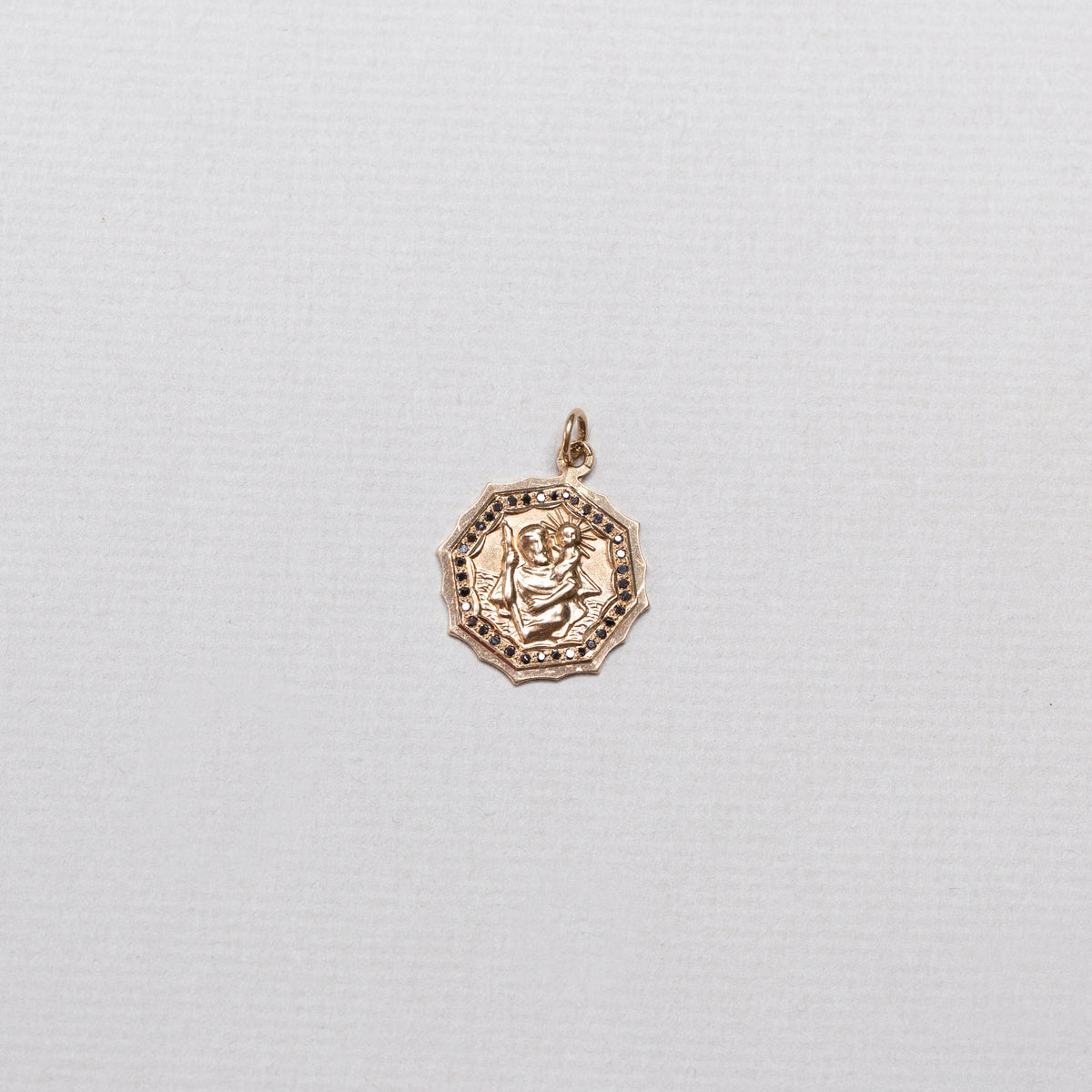 Vintage Octagonal Gold St. Christopher Pendant with Black Diamonds
