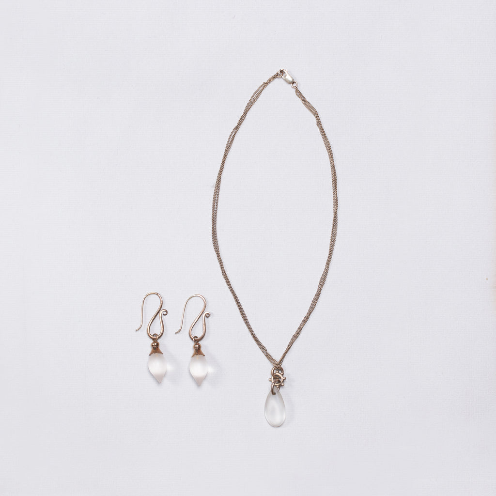 Set of Silver Necklace and Earrings with Frosted Glass