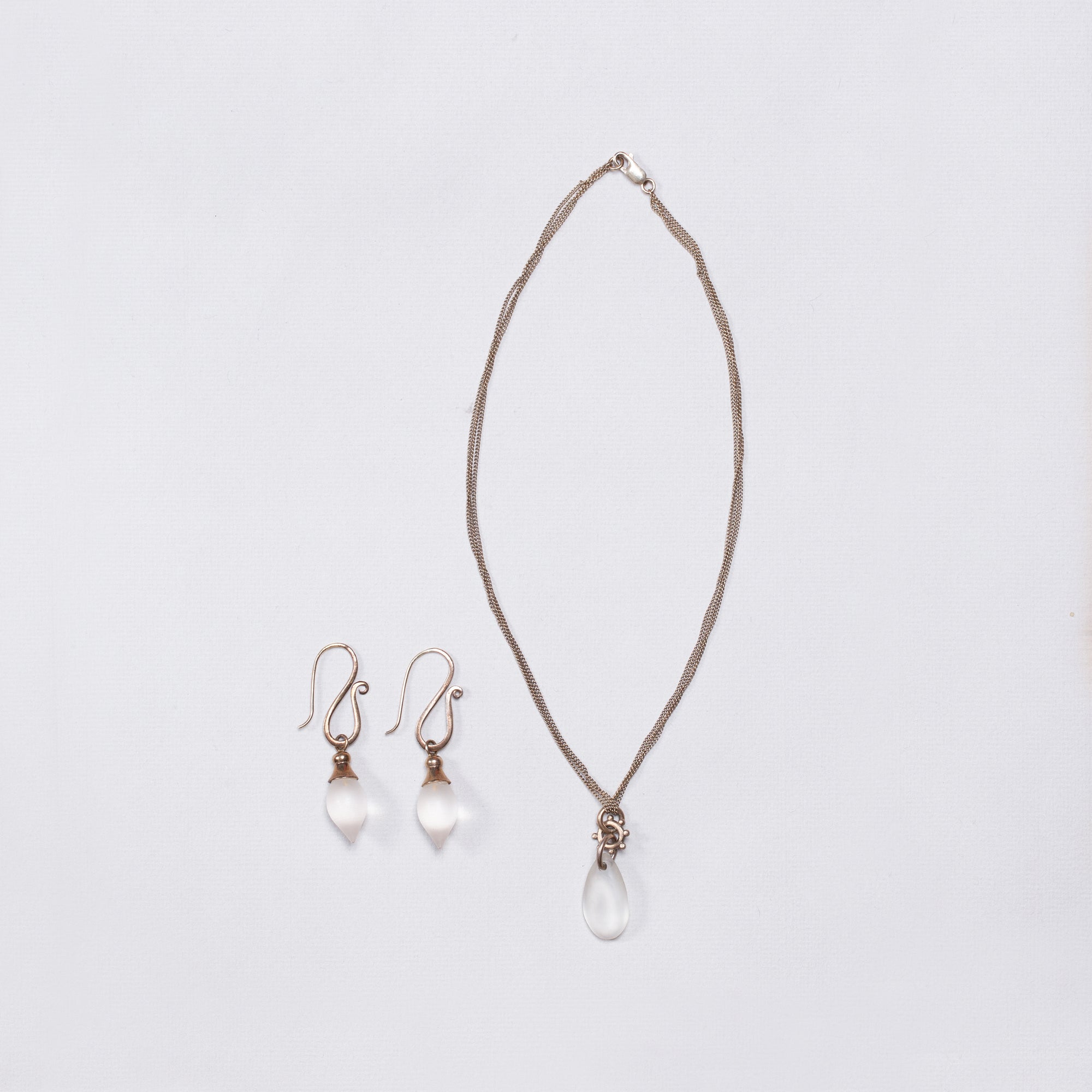 Set of Silver Necklace and Earrings with Frosted Glass