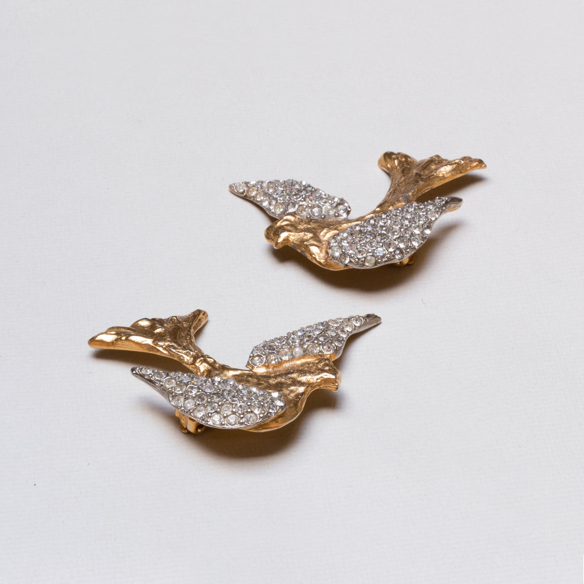 Vintage Pair of Gold Birds Brooches with Rhinestones