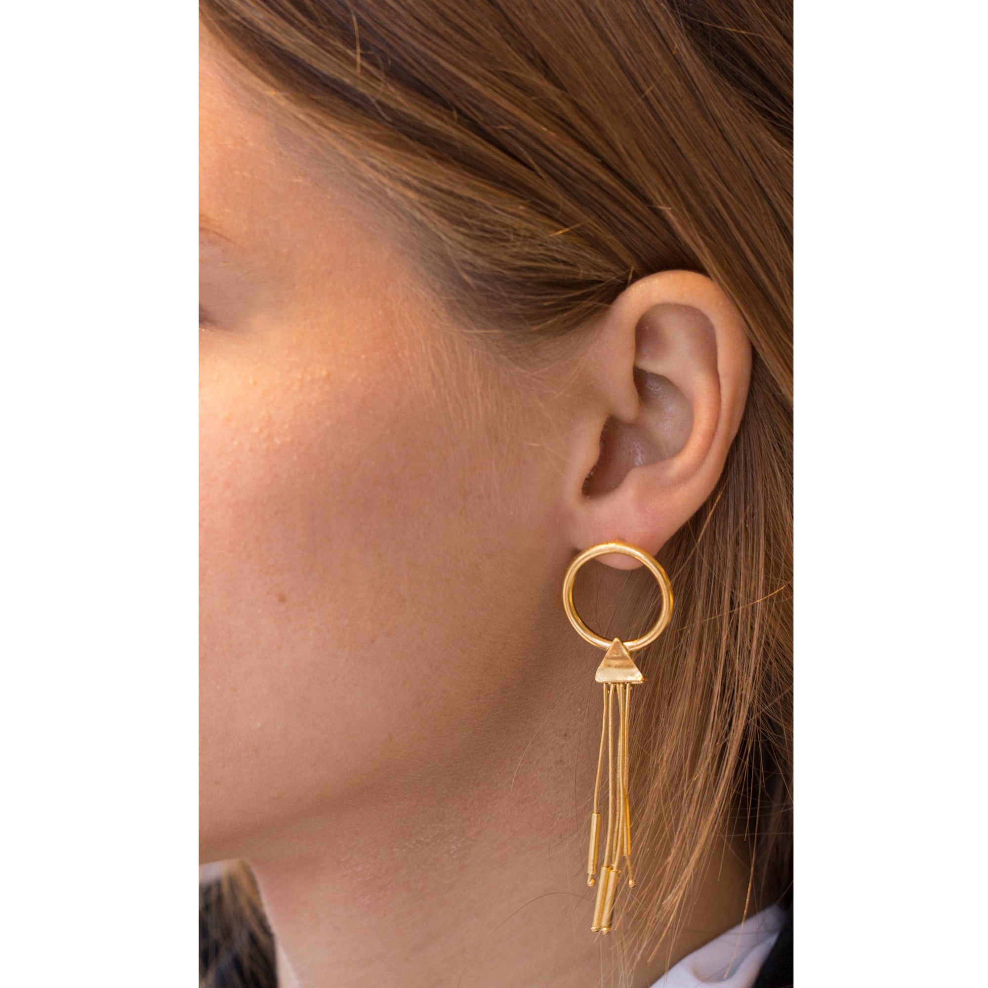 Open Circle Gold Stick Tassel Earrings