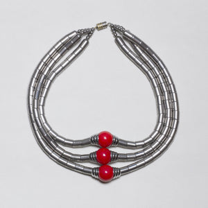 Vintage Chrome and Red Beads Art Deco Necklace
