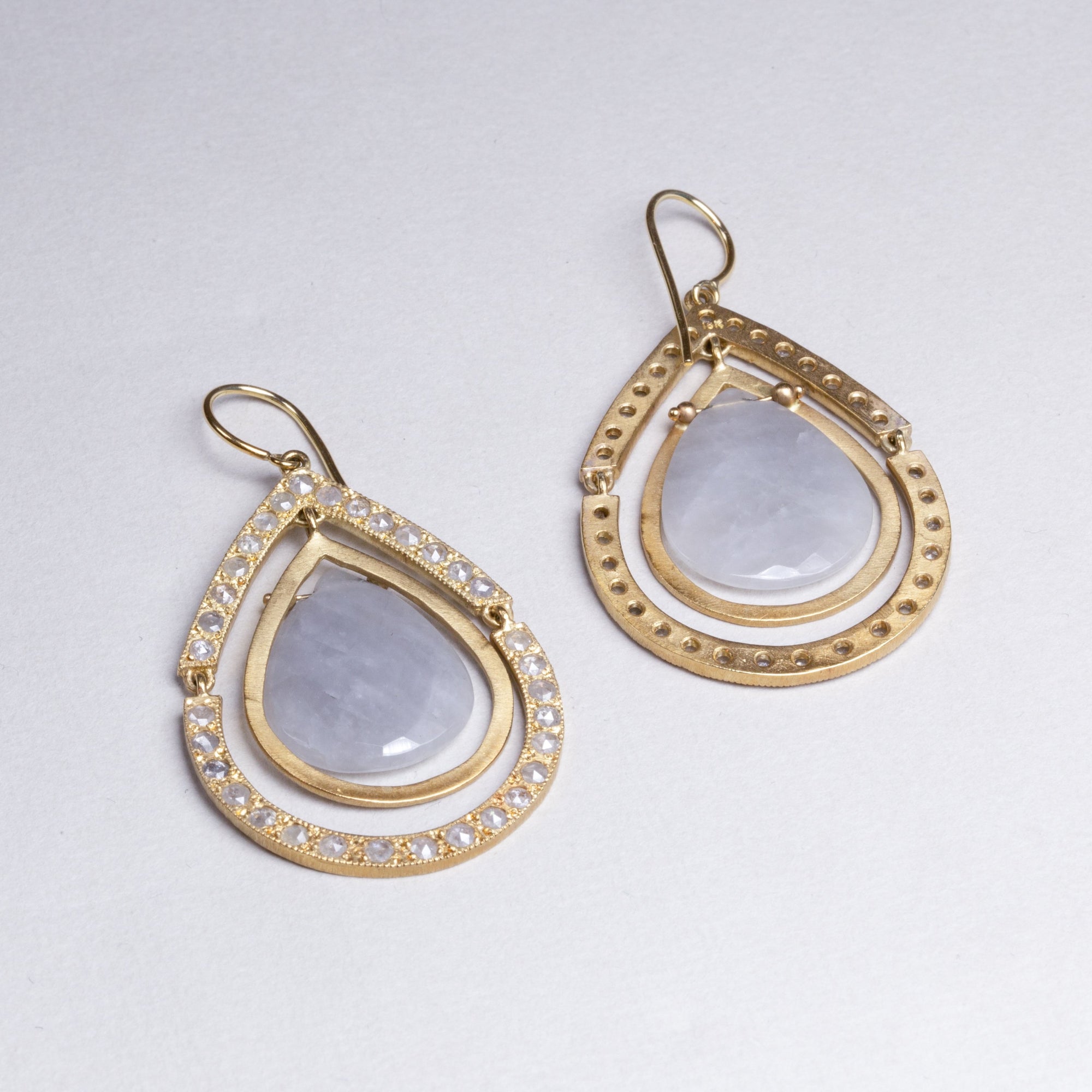 18ct Gold Drop Earrings with Diamonds and Grey Quartz