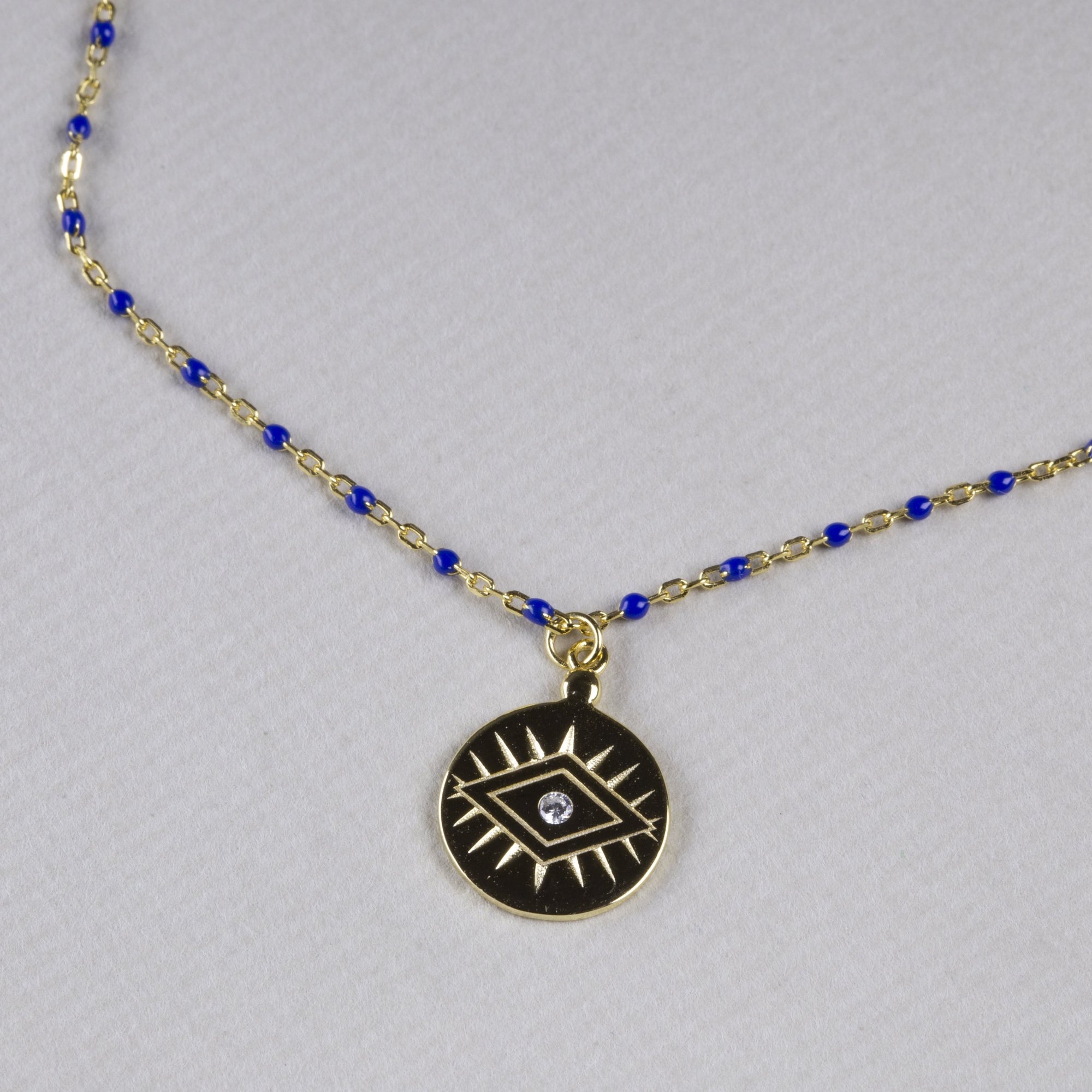 Coin Pendant Necklace with Gold Chain and Blue Beads