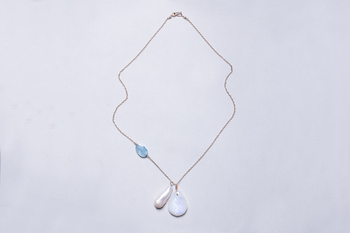 Gold Chain Necklace with Moonstone, Baroque Long Pearl and Aquamarine