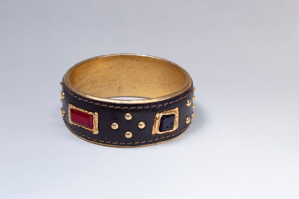 Set of Vintage Leather and Gold Cuff Bracelet and Earrings