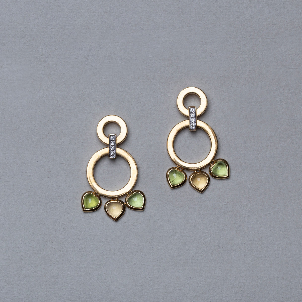 Vintage Double Circle Stud Earrings with Diamonds and Heart Stones