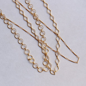 Mirabelle's chain collection - rhombus, round and barrel chains - all available on feltlondon.com