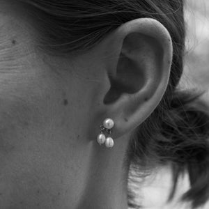 close up shot of the model wearing our pearl drop earrings 
