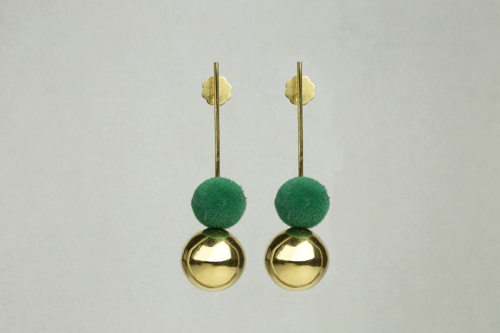 Drop Earrings with Gold Orb and Green Pompom
