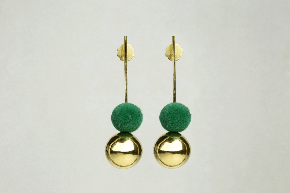 Drop Earrings with Gold Orb and Green Pompom by the same designer also available