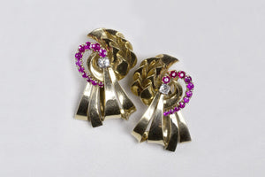 Vintage Gold Ribbon, Ruby and Diamond Earrings